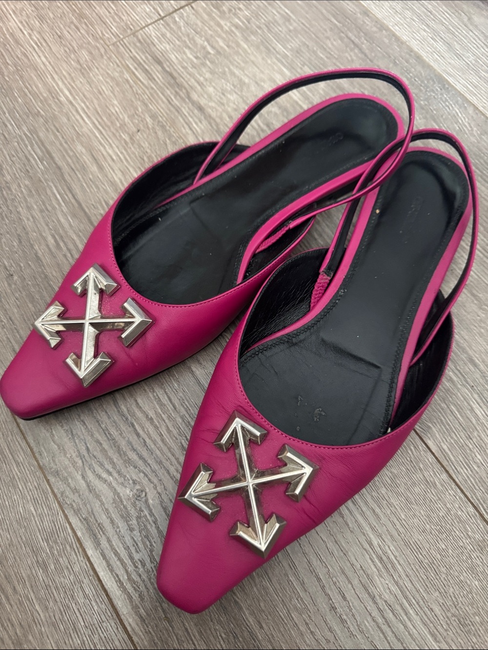 Off-White Fuchsia Slingback Flats with Silver Arrow Logo